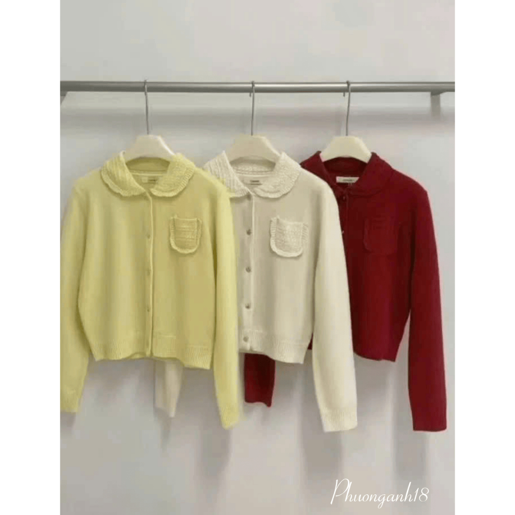 Áo Len Cardigan Nữ Cổ Bẻ Form Croptop Cúc Tim Đính Túi Ngực A066
