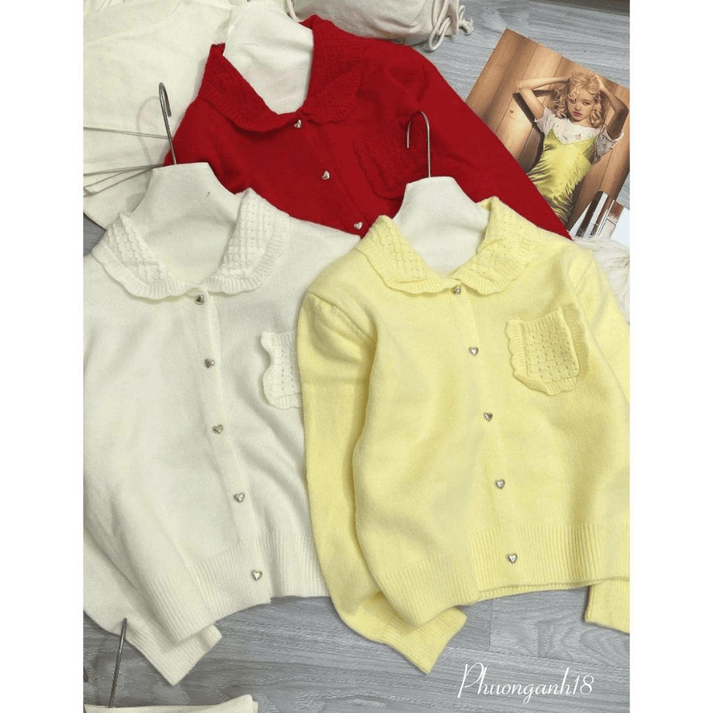 Áo Len Cardigan Nữ Cổ Bẻ Form Croptop Cúc Tim Đính Túi Ngực A066