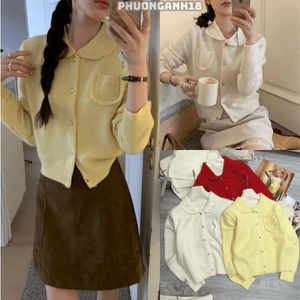 Áo Len Cardigan Nữ Cổ Bẻ Form Croptop Cúc Tim Đính Túi Ngực A066