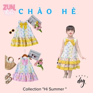 Váy Bèo Tầng Bé Gái J7541 – Váy Tơ Ánh In Nơ Sắc Màu, Đầm Mùa Hè Cho Bé