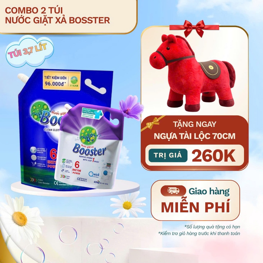 Xả KHo Combo 2 Túi nước giặt xả Booster – Sạch Sâu Thơm Lâu – TẶNG Ngựa Tài Lộc Khổng Lồ