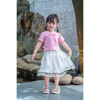 Set Áo In Nơ Và Chân Váy Dài Bé Gái S3231 – Bộ Thô Cotton In Nơ 3D, Chân Váy Xòe Xinh Yêu