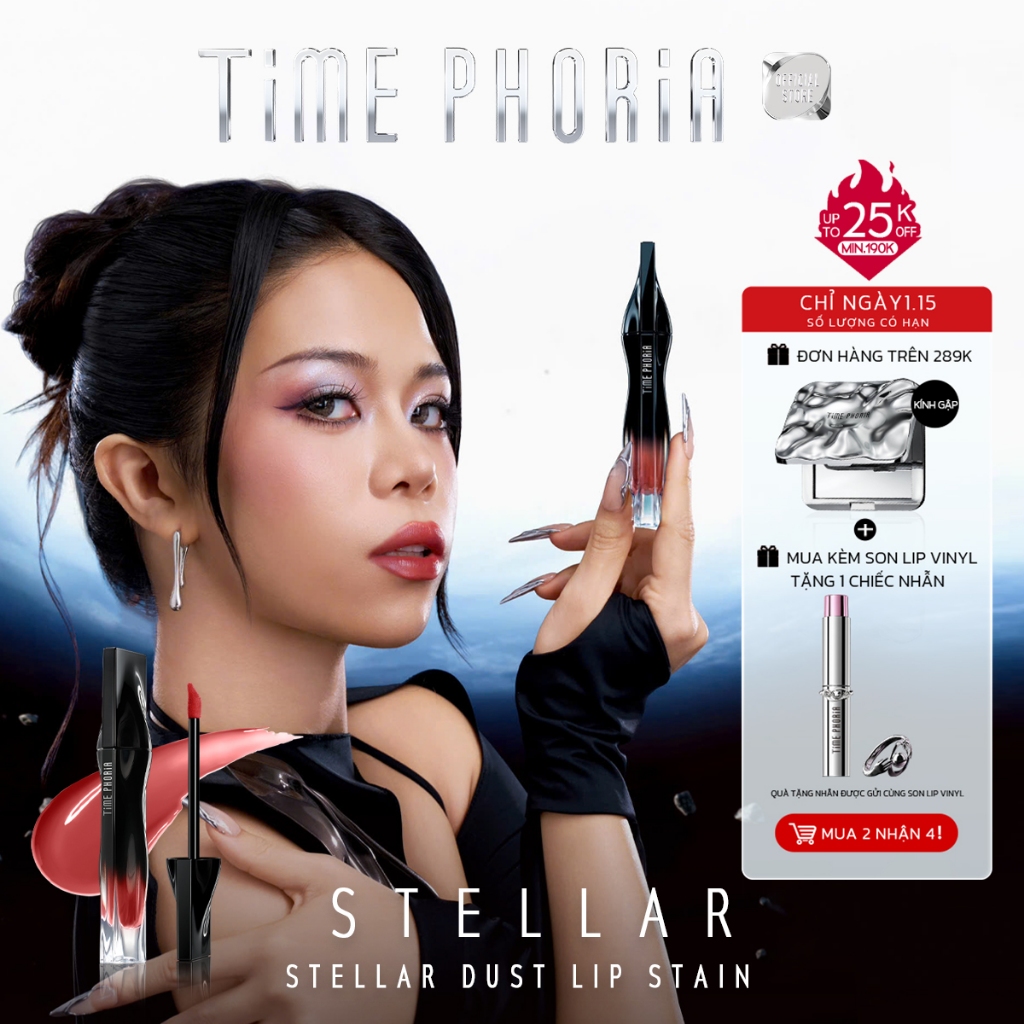 Son tint lì lâu trôi TIMEPHORIA STELLAR DUST LIP STAIN bóng mượt, bền màu không lem không dính cốc 5ML