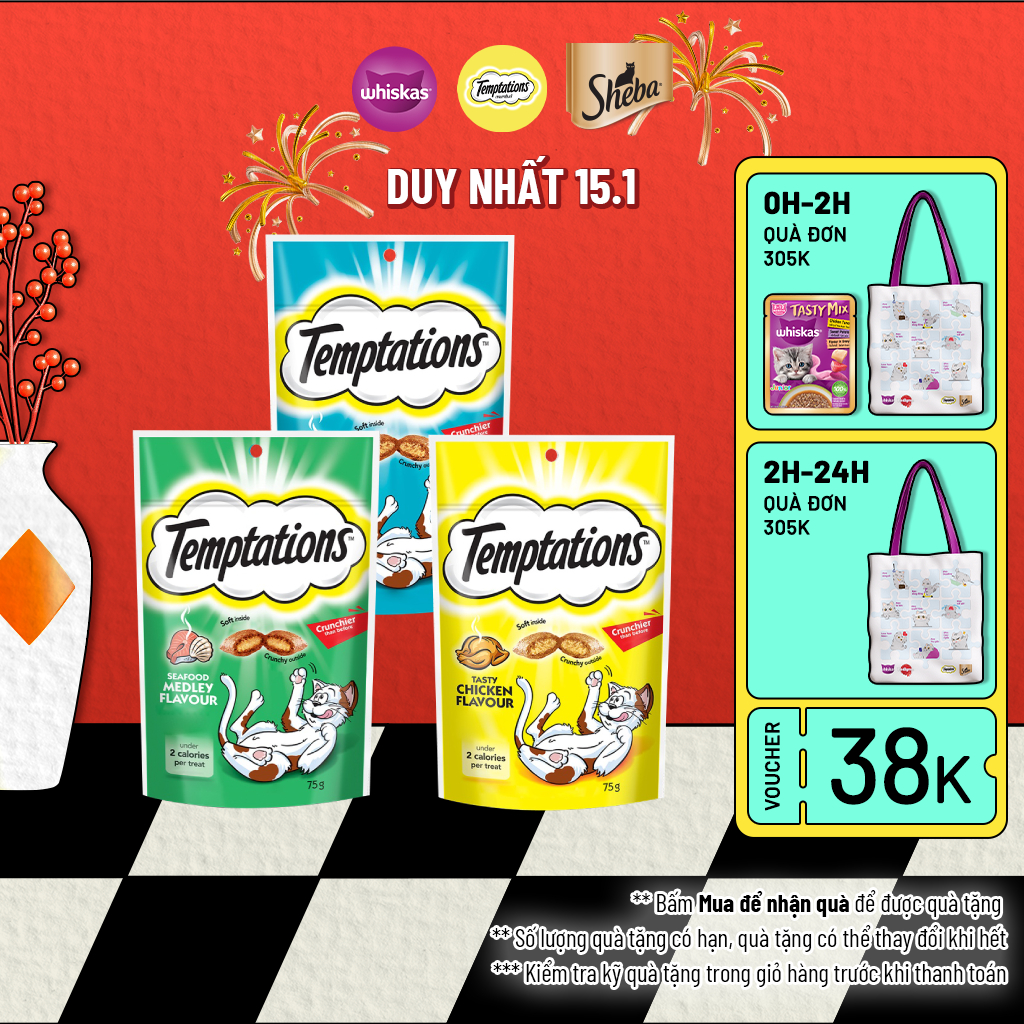 Bộ 3 túi bánh thưởng cho mèo Temptations: vị cá ngừ, hải sản và gà 75g/túi