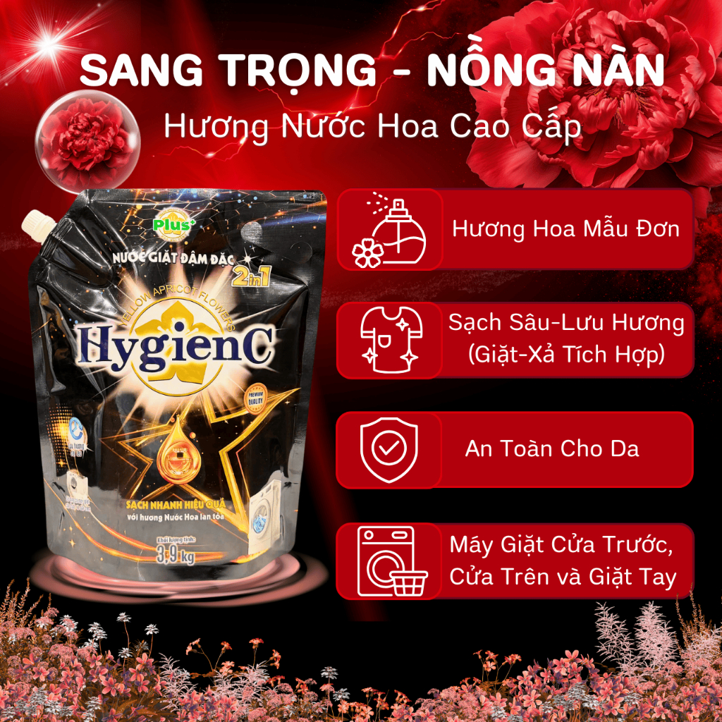 [DIÊN MẠO MỚI] Combo 2 Túi Nước Giặt Đậm Đặc HygienC Plus 3,9 Kg/Túi - Hương Nước Hoa, Làm Sạch Vết Bẩn