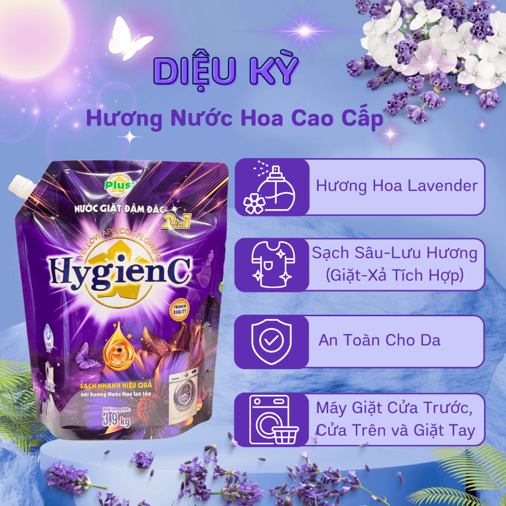 [DIÊN MẠO MỚI] Combo 2 Túi Nước Giặt Đậm Đặc HygienC Plus 3,9 Kg/Túi - Hương Nước Hoa, Làm Sạch Vết Bẩn