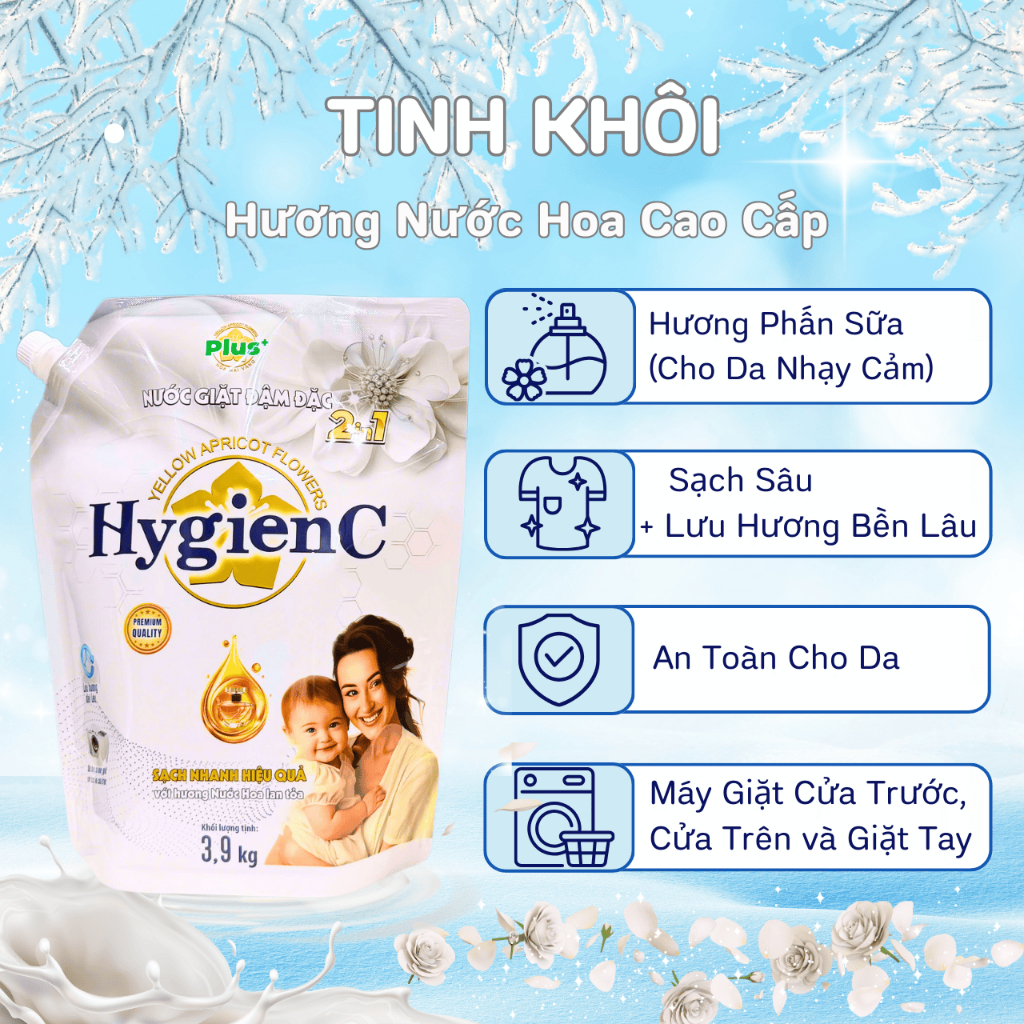 [DIÊN MẠO MỚI] Combo 2 Túi Nước Giặt Đậm Đặc HygienC Plus 3,9 Kg/Túi - Hương Nước Hoa, Làm Sạch Vết Bẩn