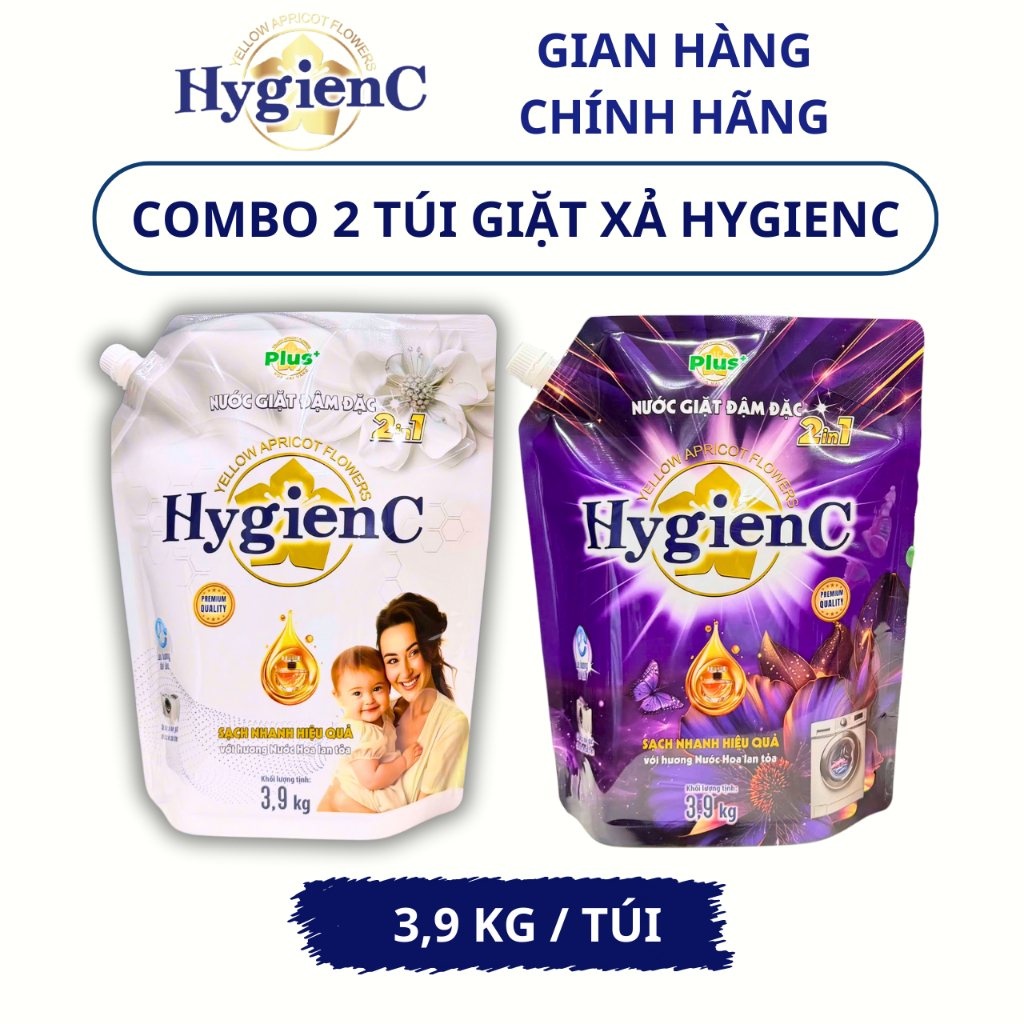 [DIÊN MẠO MỚI] Combo 2 Túi Nước Giặt Đậm Đặc HygienC Plus 3,9 Kg/Túi - Hương Nước Hoa, Làm Sạch Vết Bẩn