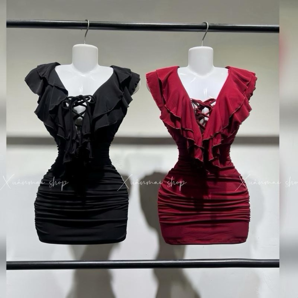 Đầm ĐAN TRƯỚC BÈO CỔ V đan chéo trước bèo cổ V chất Ladong Xuân Mai Shop