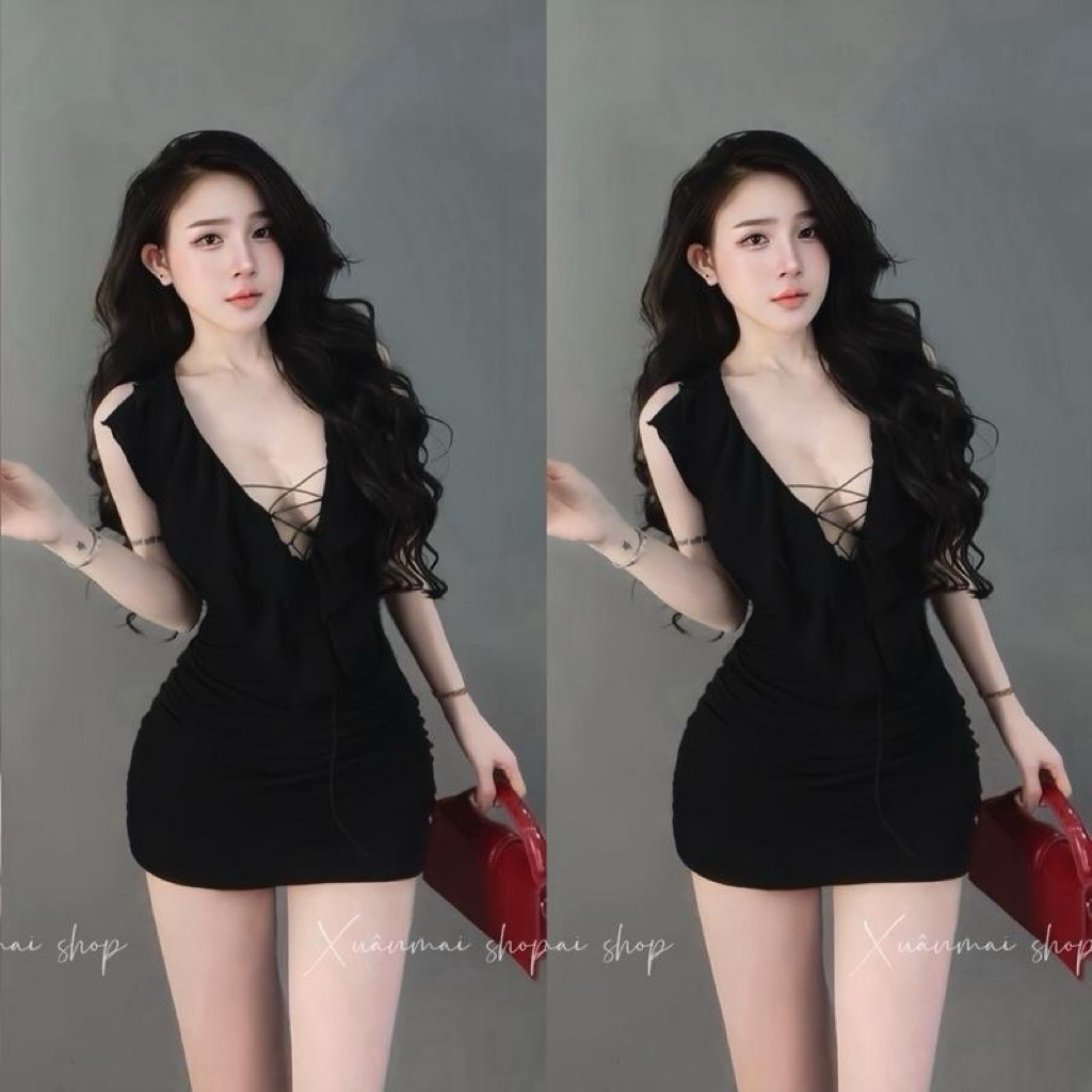 Đầm ĐAN TRƯỚC BÈO CỔ V đan chéo trước bèo cổ V chất Ladong Xuân Mai Shop