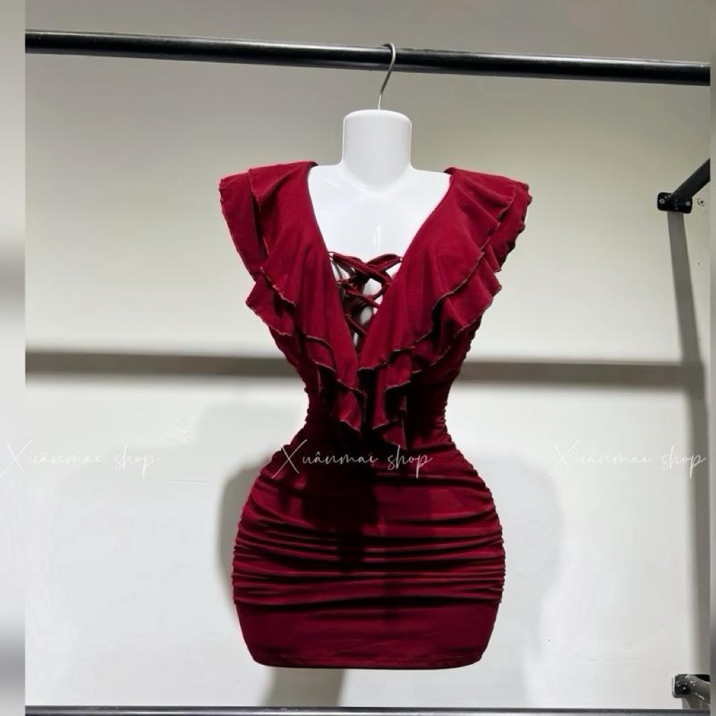 Đầm ĐAN TRƯỚC BÈO CỔ V đan chéo trước bèo cổ V chất Ladong Xuân Mai Shop