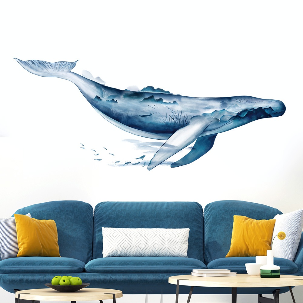 Decal Dán Tường Cá Voi Thủy Mặc Có Keo Sẵn 155x64cm - Trang Trí Phòng Khách Phong Cách Hiện Đại