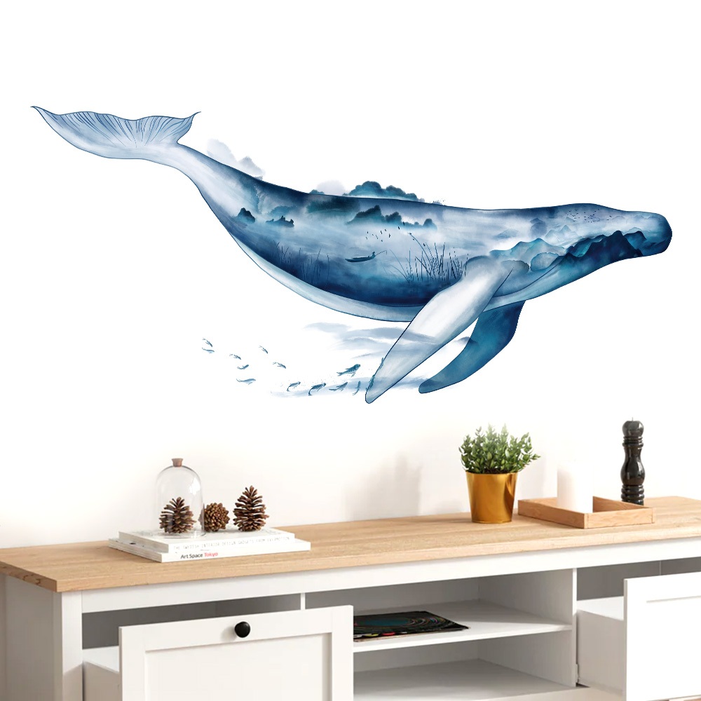 Decal Dán Tường Cá Voi Thủy Mặc Có Keo Sẵn 155x64cm - Trang Trí Phòng Khách Phong Cách Hiện Đại