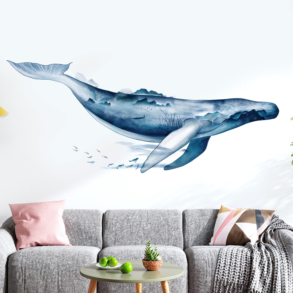 Decal Dán Tường Cá Voi Thủy Mặc Có Keo Sẵn 155x64cm - Trang Trí Phòng Khách Phong Cách Hiện Đại