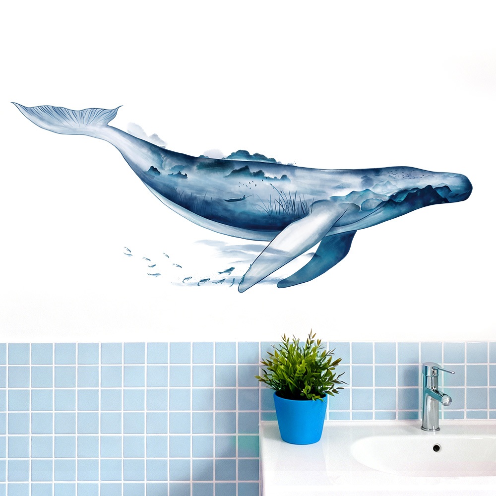 Decal Dán Tường Cá Voi Thủy Mặc Có Keo Sẵn 155x64cm - Trang Trí Phòng Khách Phong Cách Hiện Đại
