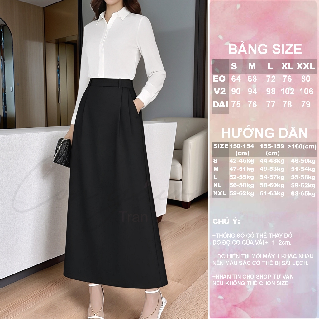 [Congaivn] Chân váy cạp cao dáng A dài CV40, vải đẹp, dày dặn đứng form, tôn dáng.