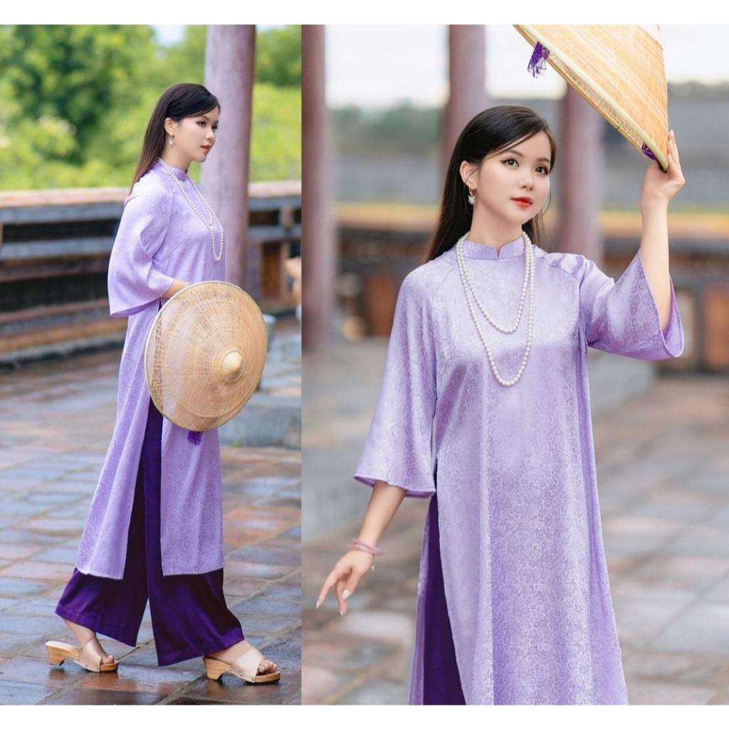Set áo dài cách tân suông gấm hoa tay lỡ cao cổ + Quần ống rộng lụa mỹ basic truyền thống lễ Tết ăn hỏi T1459G