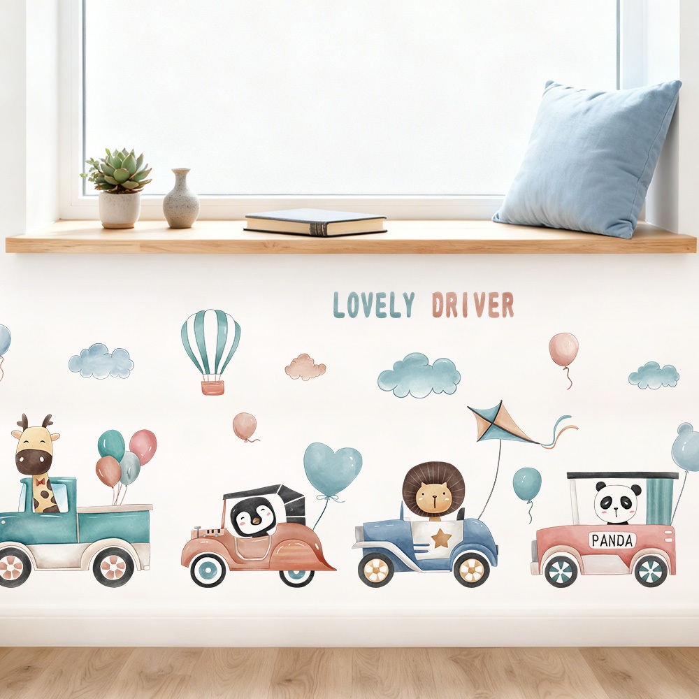 Decal Dán Tường Đoàn Xe Con Thú Đáng Yêu Có Keo Sẵn 154x62cm - Trang Trí Phòng Cho Bé