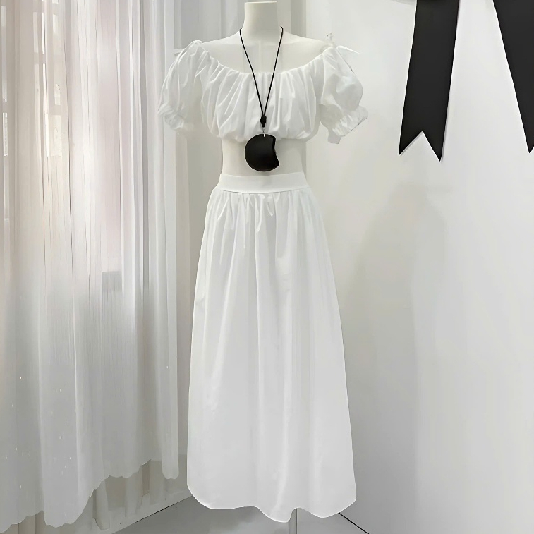 Set đồ nữ đi biển Chân váy dài xòe midi maxi Bộ đồ nữ + Áo trễ vai nhún ngực tay bồng bo chun dáng ngắn croptop T242G