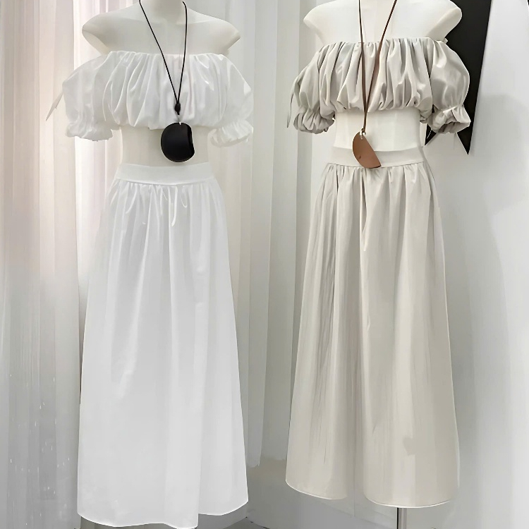 Set đồ nữ đi biển Chân váy dài xòe midi maxi Bộ đồ nữ + Áo trễ vai nhún ngực tay bồng bo chun dáng ngắn croptop T242G