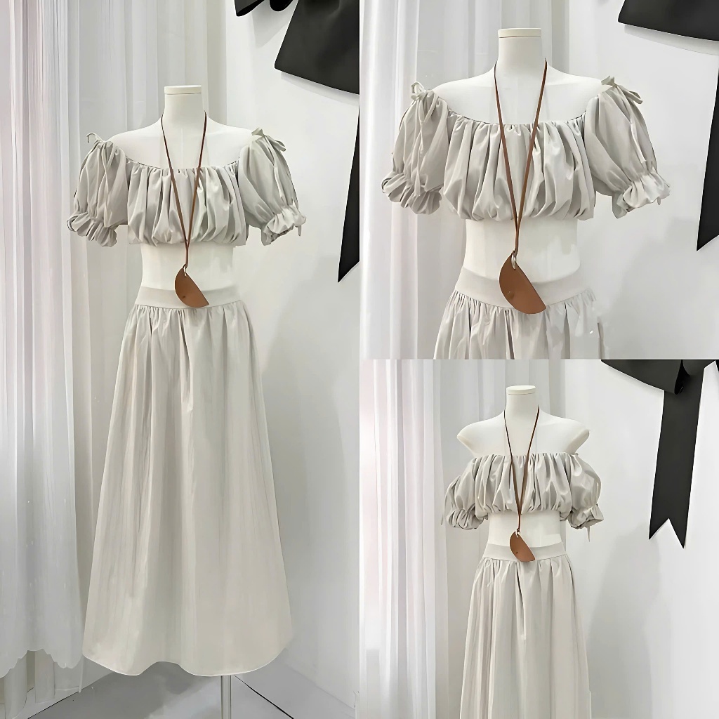 Set đồ nữ đi biển Chân váy dài xòe midi maxi Bộ đồ nữ + Áo trễ vai nhún ngực tay bồng bo chun dáng ngắn croptop T242G