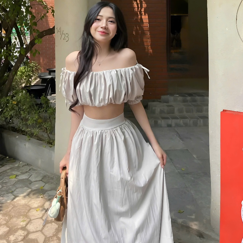 Set đồ nữ đi biển Chân váy dài xòe midi maxi Bộ đồ nữ + Áo trễ vai nhún ngực tay bồng bo chun dáng ngắn croptop T242G