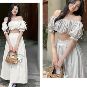 Set đồ nữ đi biển Chân váy dài xòe midi maxi Bộ đồ nữ + Áo trễ vai nhún ngực tay bồng bo chun dáng ngắn croptop T242G