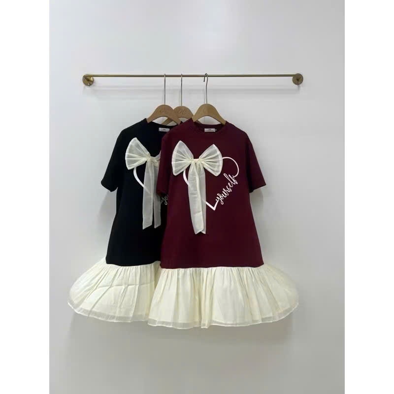 Váy thun suông rộng dáng lỡ Đầm nữ bigsize xinh trẻ  phối chân voan trái tiim đính nơ to cộc tay không cổ đen đỏ T1225G