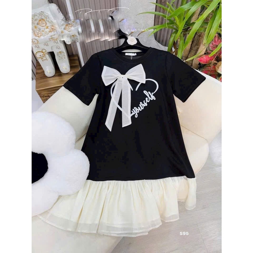 Váy thun suông rộng dáng lỡ Đầm nữ bigsize xinh trẻ  phối chân voan trái tiim đính nơ to cộc tay không cổ đen đỏ T1225G