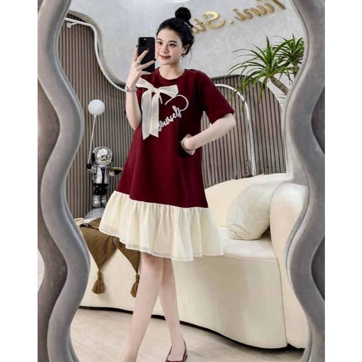 Váy thun suông rộng dáng lỡ Đầm nữ bigsize xinh trẻ  phối chân voan trái tiim đính nơ to cộc tay không cổ đen đỏ T1225G