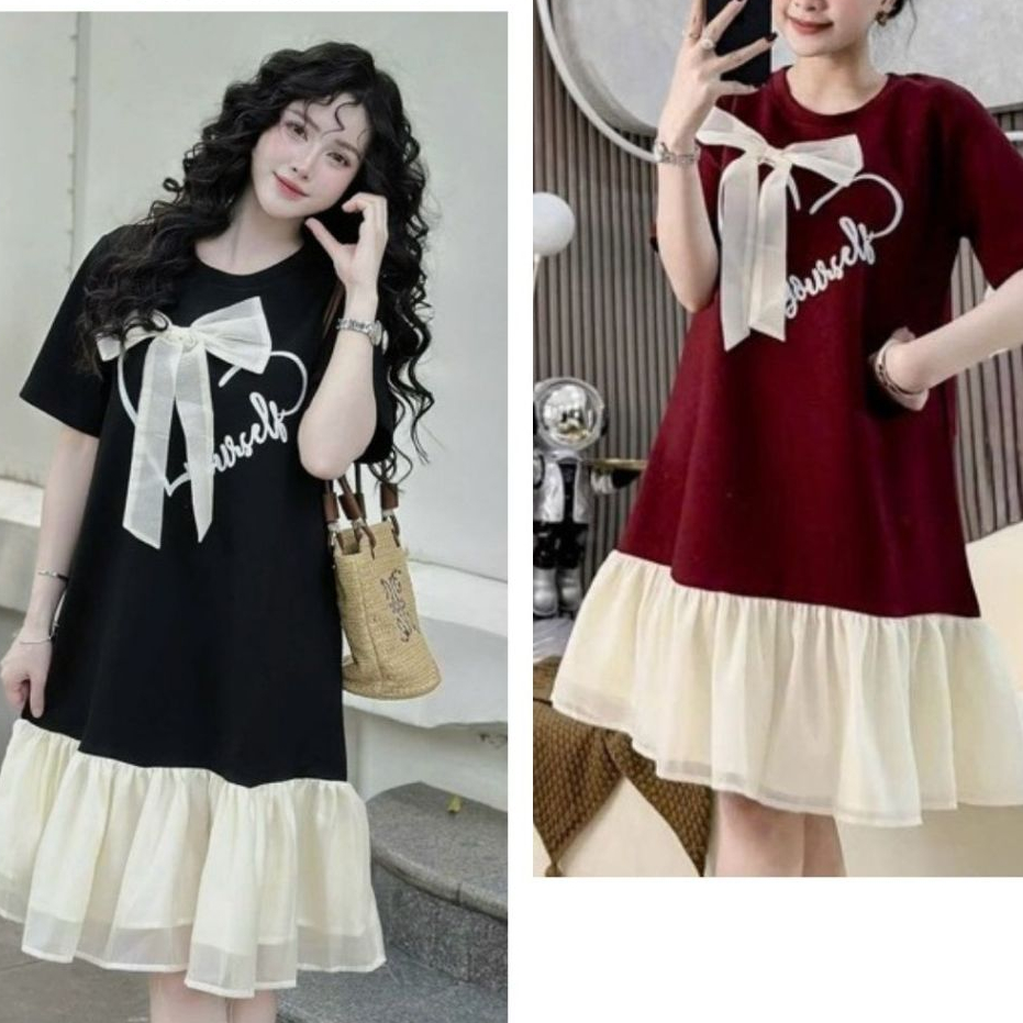 Váy thun suông rộng dáng lỡ Đầm nữ bigsize xinh trẻ  phối chân voan trái tiim đính nơ to cộc tay không cổ đen đỏ T1225G