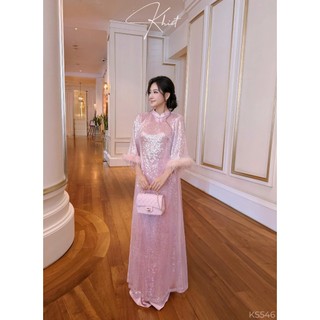 Set áo dài kim sa hồng Khiết Style phối tay lông vũ ngọt ngào, phong cách ngày Xuân KS546