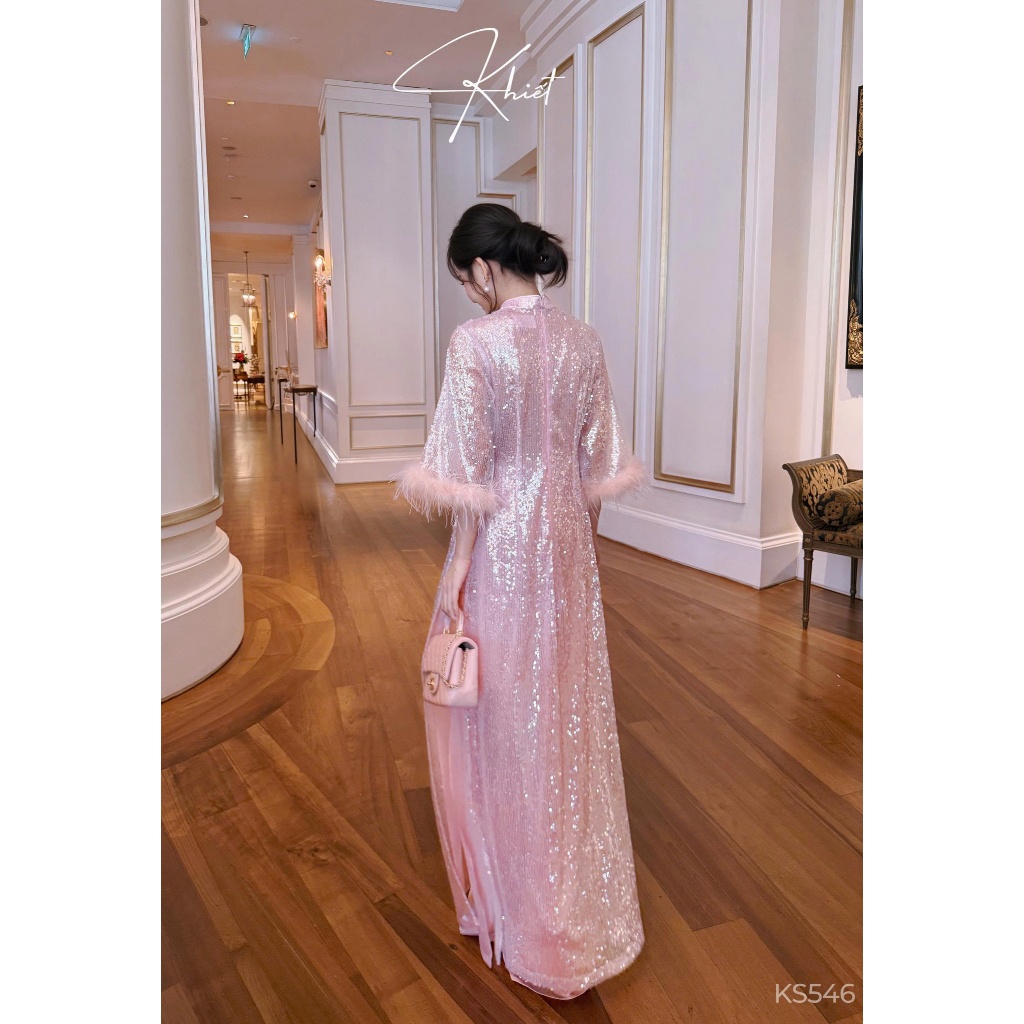 Set áo dài kim sa hồng Khiết Style phối tay lông vũ ngọt ngào, phong cách ngày Xuân KS546