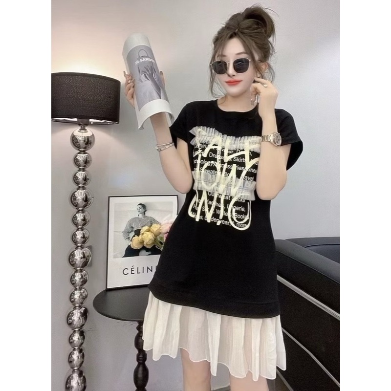 Đầm đuôi cá thun cotton phối voan trẻ trung cute dễ thương xinhVáy ngắn suông rộng cộc tay không cổ họa tiết chữ  T1367G