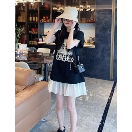 Đầm đuôi cá thun cotton phối voan trẻ trung cute dễ thương xinhVáy ngắn suông rộng cộc tay không cổ họa tiết chữ  T1367G