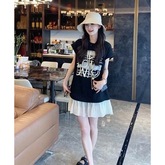 Đầm đuôi cá thun cotton phối voan trẻ trung cute dễ thương xinhVáy ngắn suông rộng cộc tay không cổ họa tiết chữ  T1367G