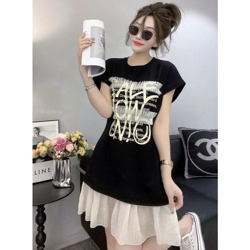 Đầm đuôi cá thun cotton phối voan trẻ trung cute dễ thương xinhVáy ngắn suông rộng cộc tay không cổ họa tiết chữ  T1367G
