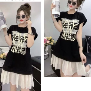Đầm đuôi cá thun cotton phối voan trẻ trung cute dễ thương xinhVáy ngắn suông rộng cộc tay không cổ họa tiết chữ T1367G