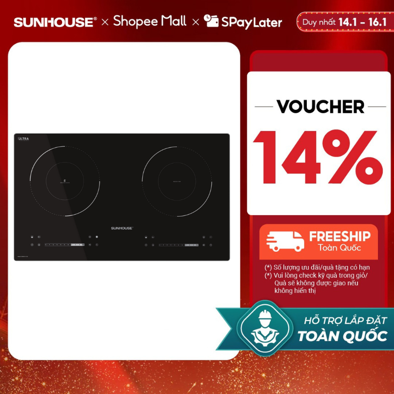 [HỖ TRỢ LẮP ĐẶT] Bếp đôi điện từ hồng ngoại Sunhouse SHB81011-EC - Booster nấu nhanh - 9 mức chỉnh - 2 vùng nấu