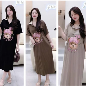 Đầm thun cotton chubby bigsize bầu basic Váy polo suông dài maxi cộc tay form rộng họa tiết gấu cute đen nâu be T1356G