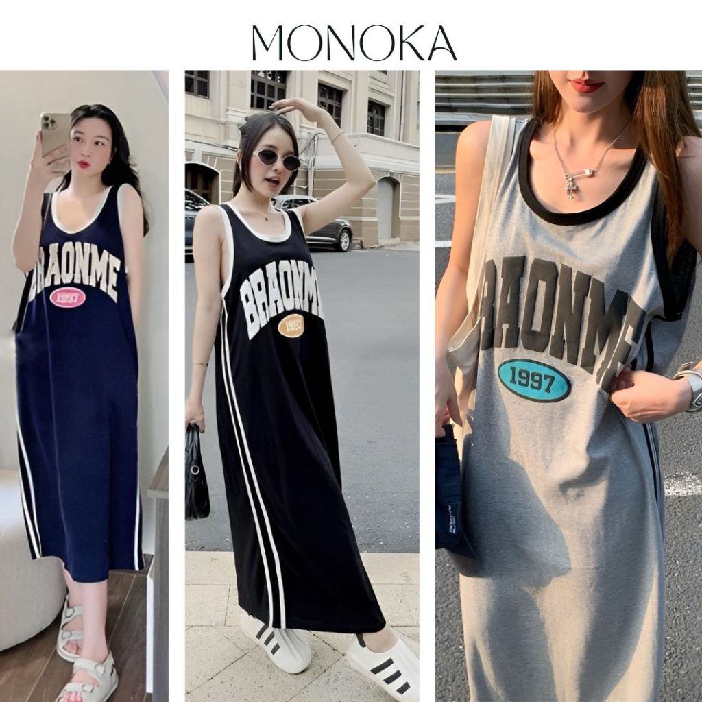 Đầm 3 lỗ phối viền mặc nhà đi chơi bigsize bầu Váy ba lỗ dáng dài suông form rộng họa tiết chữ thể thao 2 vạch  T1317G