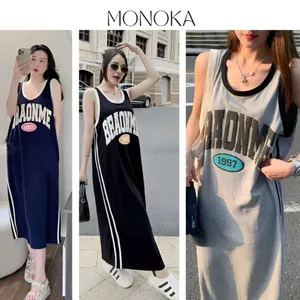 Đầm 3 lỗ phối viền mặc nhà đi chơi bigsize bầu Váy ba lỗ dáng dài suông form rộng họa tiết chữ thể thao 2 vạch T1317G