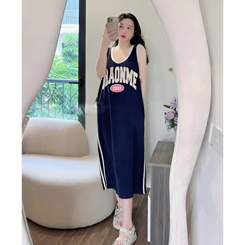 Đầm 3 lỗ phối viền mặc nhà đi chơi bigsize bầu Váy ba lỗ dáng dài suông form rộng họa tiết chữ thể thao 2 vạch  T1317G