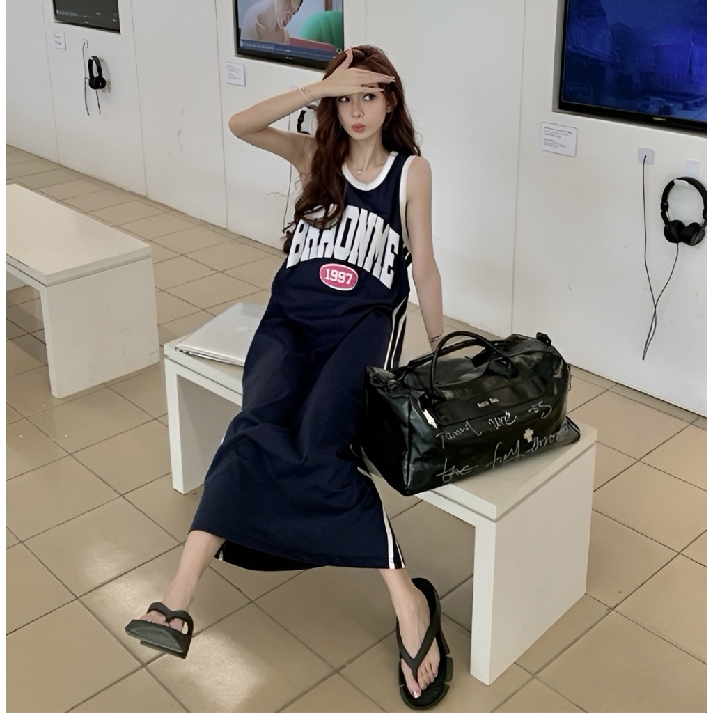 Đầm 3 lỗ phối viền mặc nhà đi chơi bigsize bầu Váy ba lỗ dáng dài suông form rộng họa tiết chữ thể thao 2 vạch  T1317G