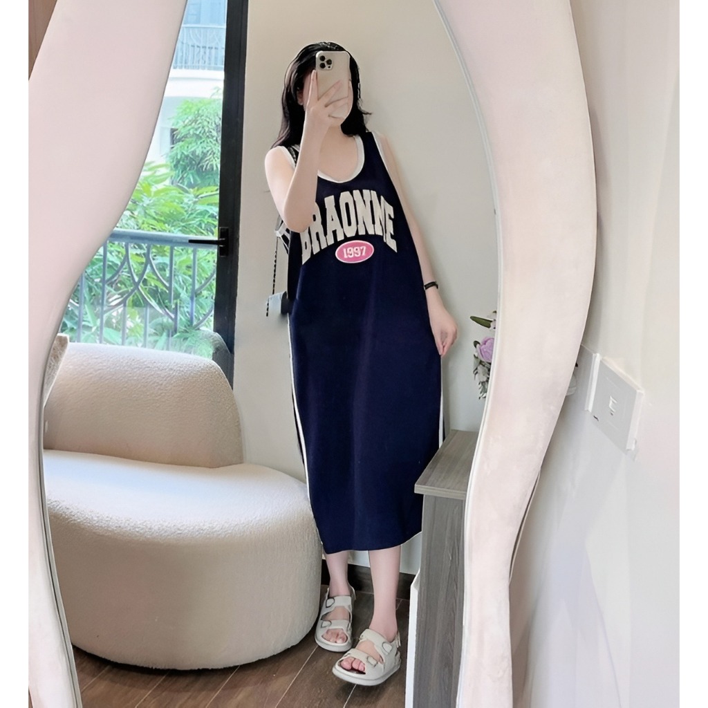 Đầm 3 lỗ phối viền mặc nhà đi chơi bigsize bầu Váy ba lỗ dáng dài suông form rộng họa tiết chữ thể thao 2 vạch  T1317G