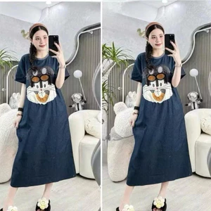 Đầm dáng rộng bầu bigsize mặc được dễ thương Váy không cổ cộc tay dáng dài form rộng chất bò giấy hình thỏ cute T1129G