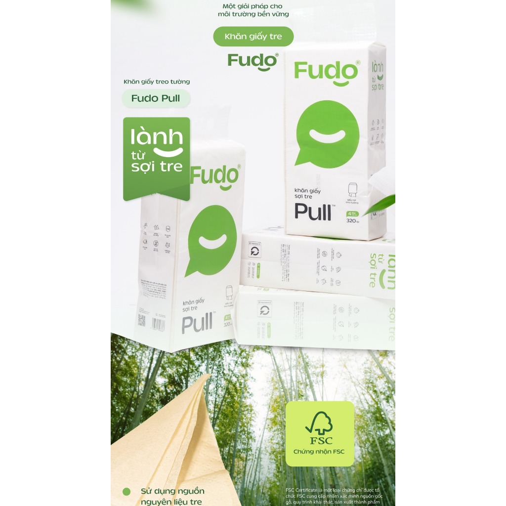 Khăn Giấy Rút Treo Tường Sợi Tre FUDO BAMBOO TissuePull 4 Lớp 320 Tờ