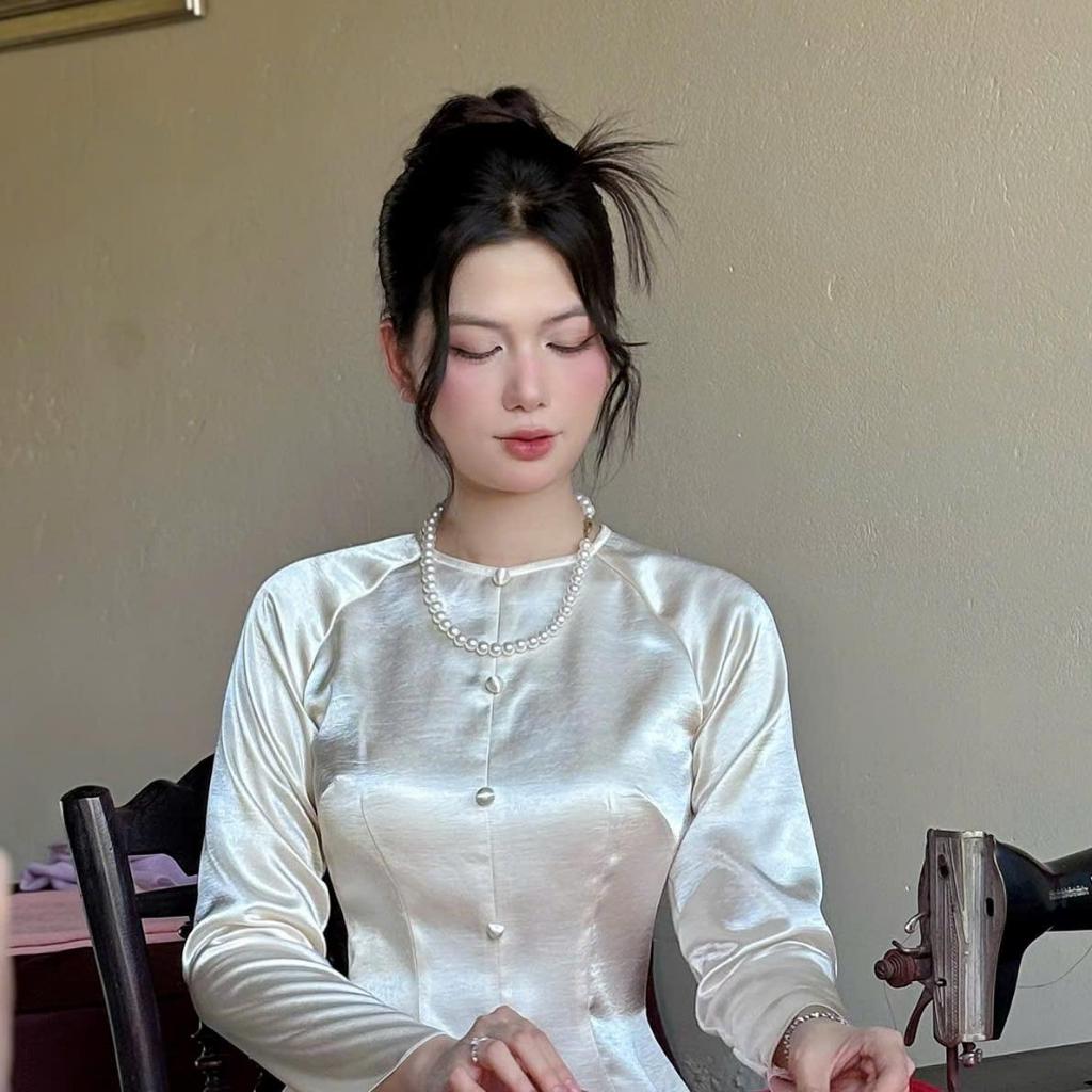 B.A180 - Áo Bà Ba Lụa Valentinoo Châu Sa Cao Cấp Cổ Tròn Nút Nụ Dây Kéo ( Quần Ngọc Trai )