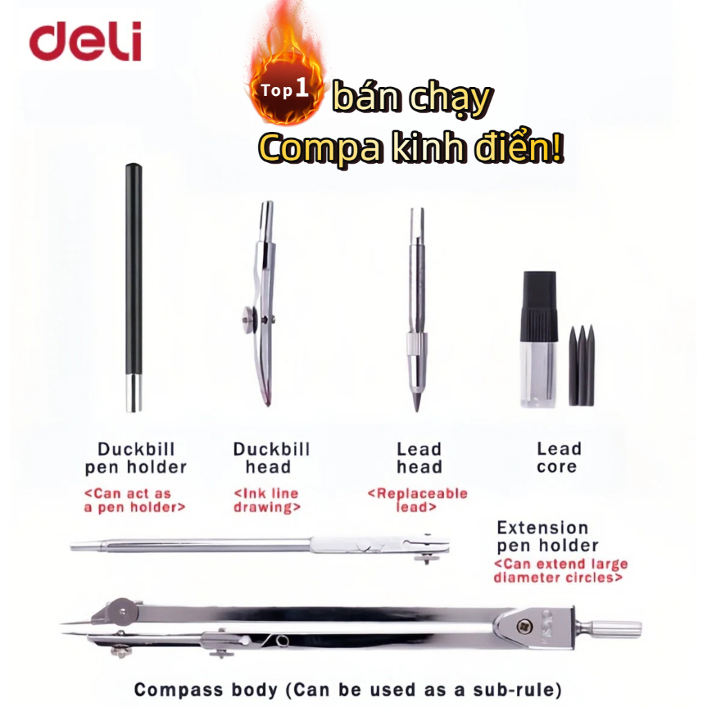 Bộ Compa Kim Loại Deli  Bút Chì Bấm, Dùng Vẽ Kỹ Thuật, Vẽ Đường Tròn, Học Sinh & Thiết Kế