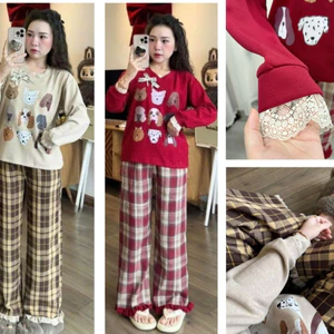 Set đồ nữ Quần dài kẻ caro ống rộng viền ren đi chơi Noel + Áo sweater nỉ dài tay phối ren họa tiết cún cute T824G